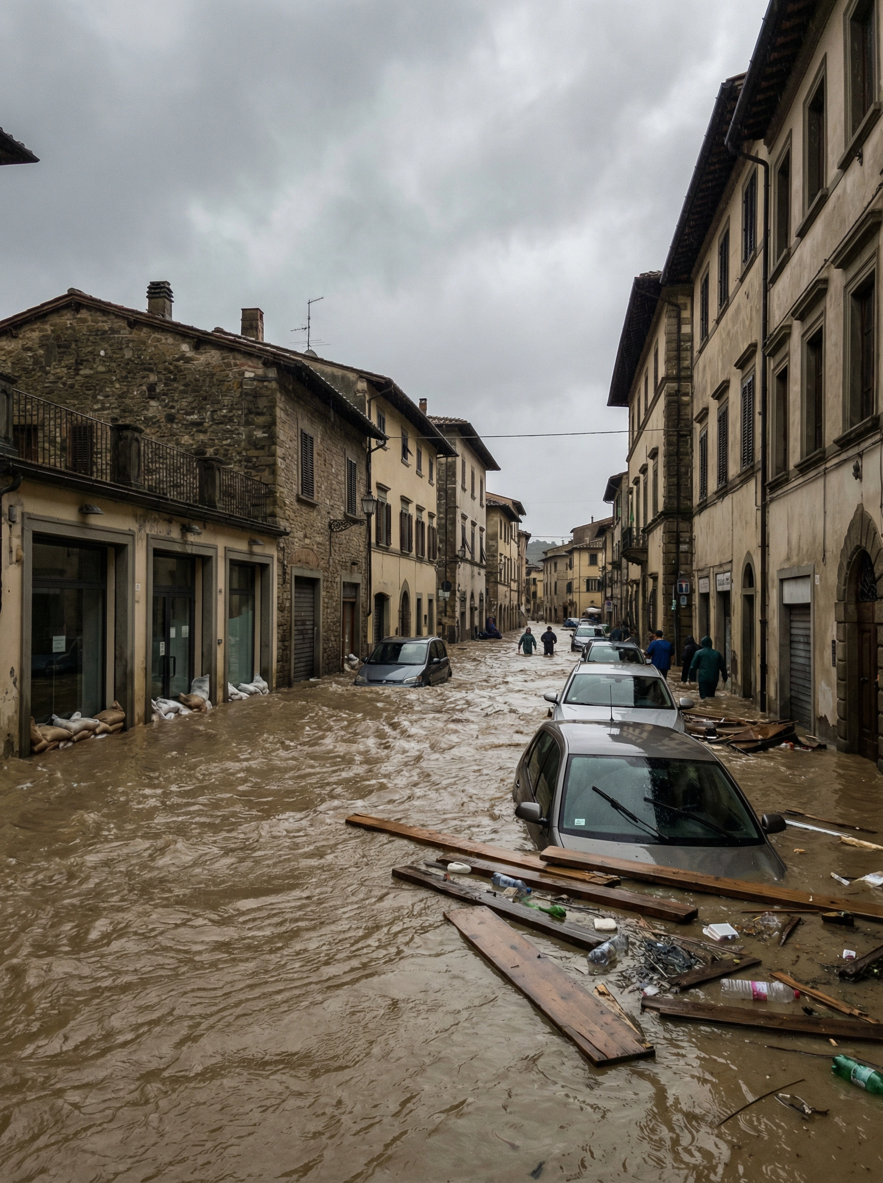 Strada con case alluvionata